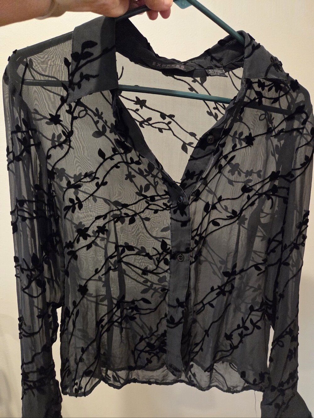Express Womens Sz Sm Sheer Black Whimsigoth Flocked Silk Blend  Button Up Shirt